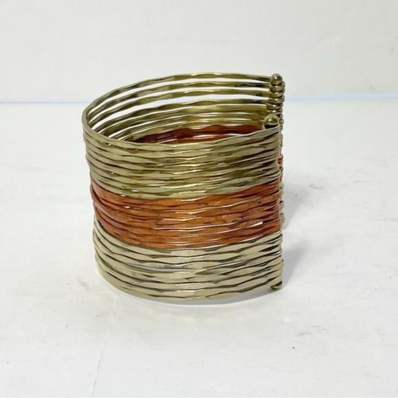 Stacked Hammered Mixed Metal Cuff Bracelet Gold Copper Tones Open Design Stylish - Picture 3 of 8